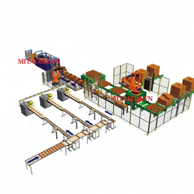Dây chuyền đóng thùng kết hợp với Robot gắp sản phẩm