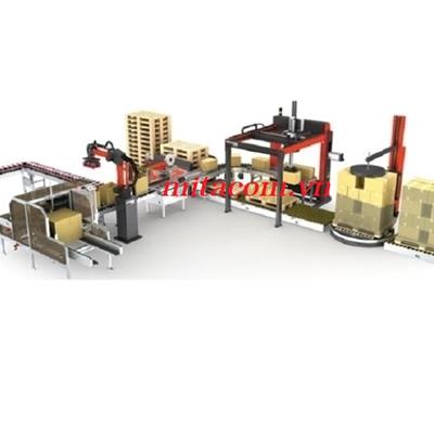 Dây chuyền đóng gói, xếp pallet và quấn màng pallet tự động.
